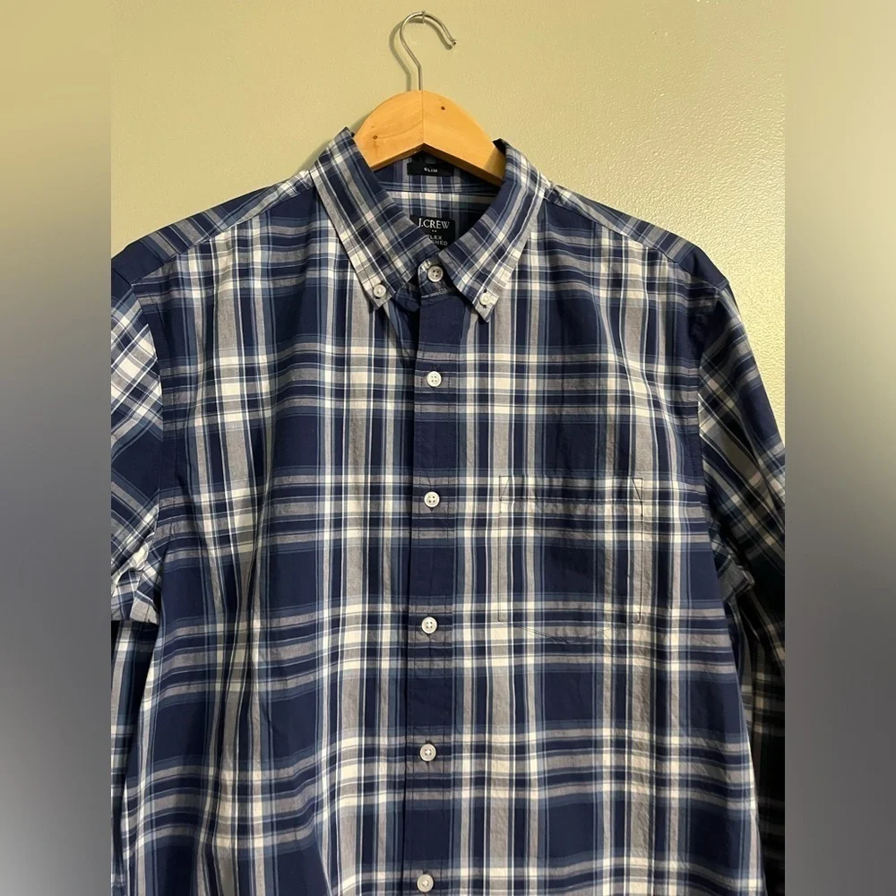 J Crew Flex Washed Slim Fit Blue Plaid Button Up Shirt Men’s Long Sleeves Sz L